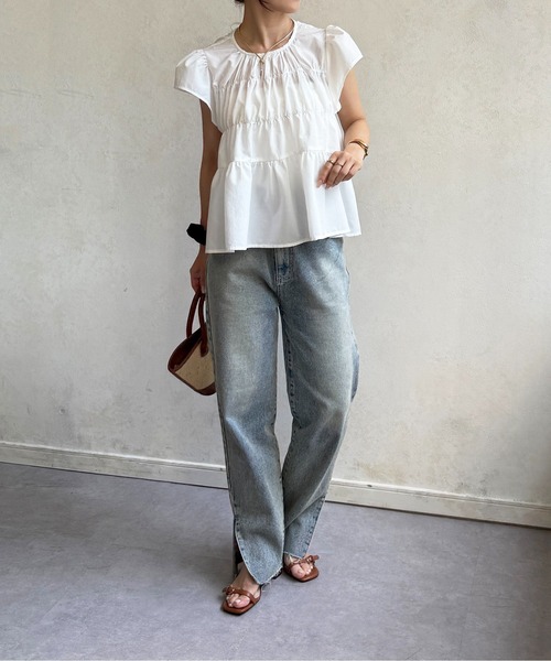 Thevon(ゼボン)の「フレンチシャーリングブラウス(シャツ/ブラウス・レディース・ミント/オフホワイト/レッド/ブラック・FREE)」の10枚目の写真