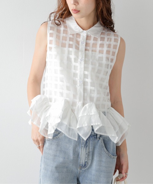 AMELY(エミリー)の「シアーチェックフリルヘムブラウス(シャツ/ブラウス・レディース・ネイビー/ホワイト・フリー)」の2枚目の写真