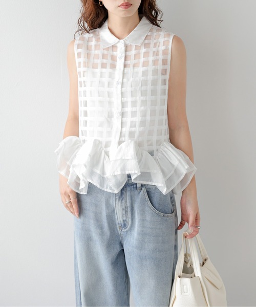 AMELY(エミリー)の「シアーチェックフリルヘムブラウス(シャツ/ブラウス・レディース・ネイビー/ホワイト・フリー)」の22枚目の写真