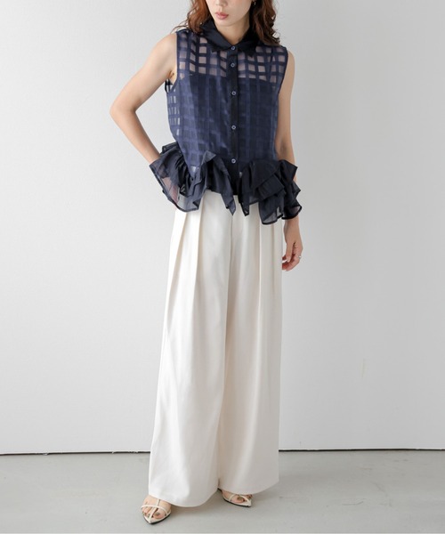 AMELY(エミリー)の「シアーチェックフリルヘムブラウス(シャツ/ブラウス・レディース・ネイビー/ホワイト・フリー)」の14枚目の写真