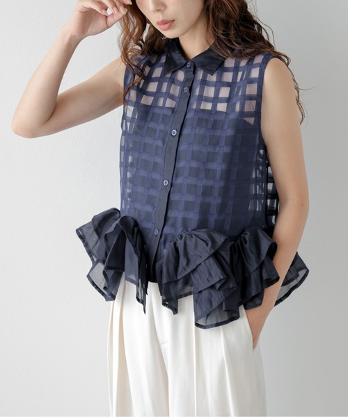 AMELY(エミリー)の「シアーチェックフリルヘムブラウス(シャツ/ブラウス・レディース・ネイビー/ホワイト・フリー)」の16枚目の写真