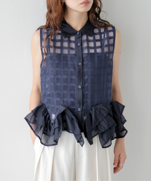 AMELY(エミリー)の「シアーチェックフリルヘムブラウス(シャツ/ブラウス・レディース・ネイビー/ホワイト・フリー)」の18枚目の写真