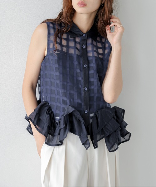 AMELY(エミリー)の「シアーチェックフリルヘムブラウス(シャツ/ブラウス・レディース・ネイビー/ホワイト・フリー)」の19枚目の写真
