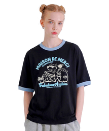 UNISEX オーバーサイズ パピーサーフィン リンガー 半袖Tシャツ ブラックブルー(FCE2TS401M)