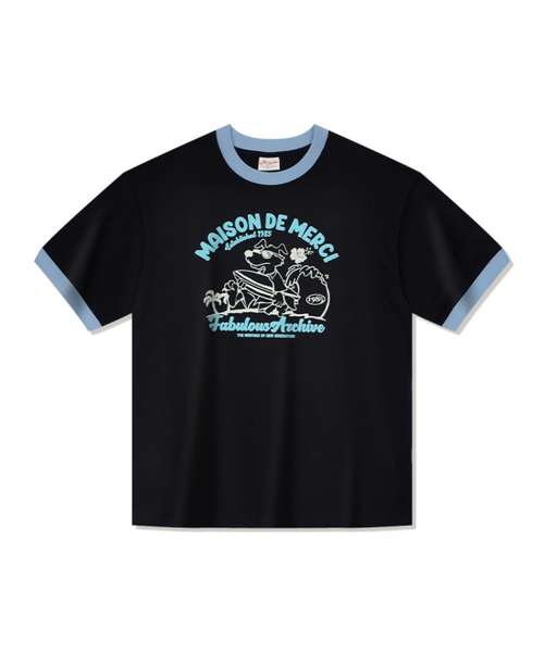FABULOUS ARCHIVE(ファビュラスアーカイブ)の「UNISEX オーバーサイズ パピーサーフィン リンガー 半袖Tシャツ ブラックブルー(FCE2TS401M)(Tシャツ/カットソー・レディース・ブラック×ブルー・SMALL/MEDIUM/LARGE)」の2枚目の写真