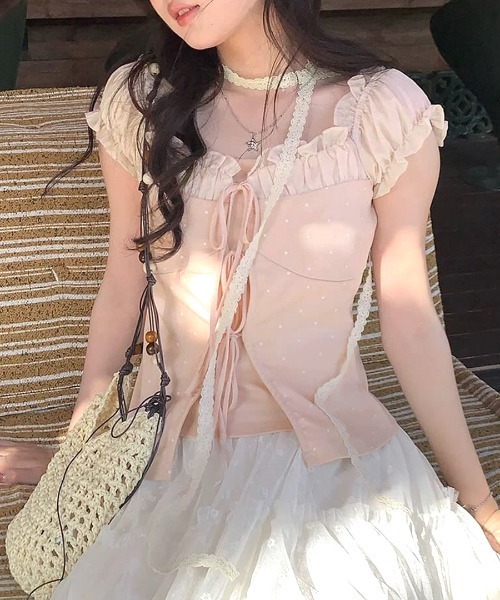 REMUR（レミュール）の「2点セット ドット柄フロントレースアップトップス リボンタイ付き（Tシャツ/カットソー・レディース・ピンク/アイボリー・FREE）」の20枚目の写真