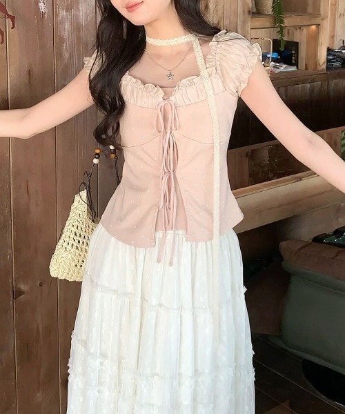REMUR（レミュール）の「2点セット ドット柄フロントレースアップトップス リボンタイ付き（Tシャツ/カットソー・レディース・ピンク/アイボリー・FREE）」の10枚目の写真