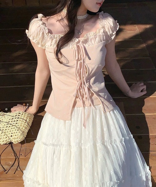 REMUR（レミュール）の「2点セット ドット柄フロントレースアップトップス リボンタイ付き（Tシャツ/カットソー・レディース・ピンク/アイボリー・FREE）」の11枚目の写真