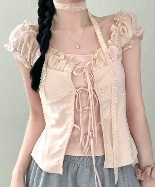 REMUR（レミュール）の「2点セット ドット柄フロントレースアップトップス リボンタイ付き（Tシャツ/カットソー・レディース・ピンク/アイボリー・FREE）」の12枚目の写真