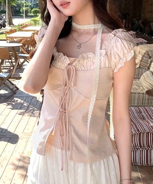 REMUR（レミュール）の「2点セット ドット柄フロントレースアップトップス リボンタイ付き（Tシャツ/カットソー・レディース・ピンク/アイボリー・FREE）」の17枚目の写真