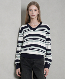 Cotton V-neck Striped Knit (navy)