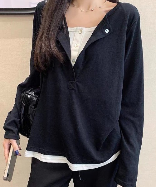 SHERU(シェル)の「フェイクレイヤード キーネックロンT ヘンリーネック(Tシャツ/カットソー・レディース・ブラック/ベージュ・M)」の6枚目の写真