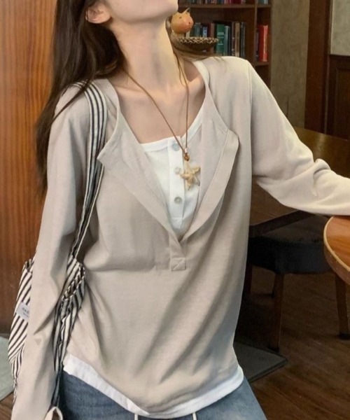 SHERU(シェル)の「フェイクレイヤード キーネックロンT ヘンリーネック(Tシャツ/カットソー・レディース・ブラック/ベージュ・M)」の13枚目の写真