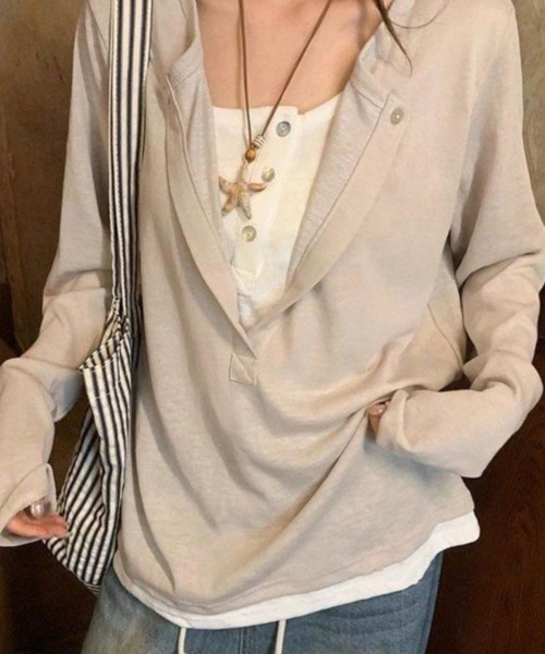 SHERU(シェル)の「フェイクレイヤード キーネックロンT ヘンリーネック(Tシャツ/カットソー・レディース・ブラック/ベージュ・M)」の16枚目の写真