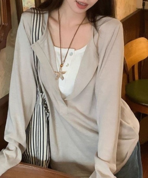 SHERU(シェル)の「フェイクレイヤード キーネックロンT ヘンリーネック(Tシャツ/カットソー・レディース・ブラック/ベージュ・M)」の17枚目の写真