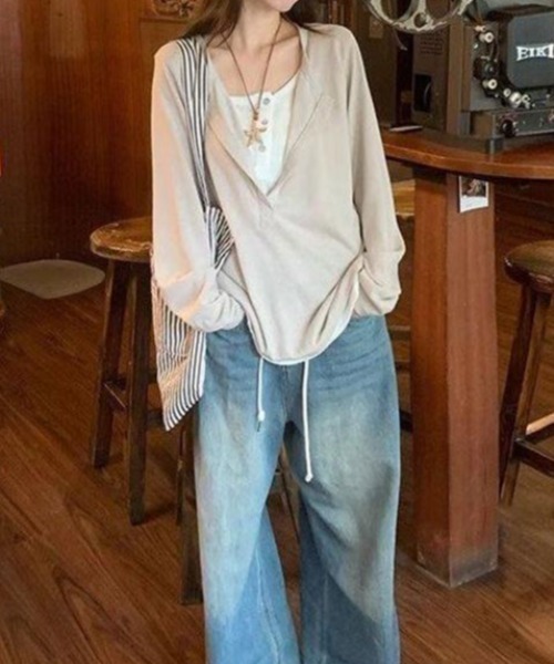 SHERU(シェル)の「フェイクレイヤード キーネックロンT ヘンリーネック(Tシャツ/カットソー・レディース・ブラック/ベージュ・M)」の7枚目の写真
