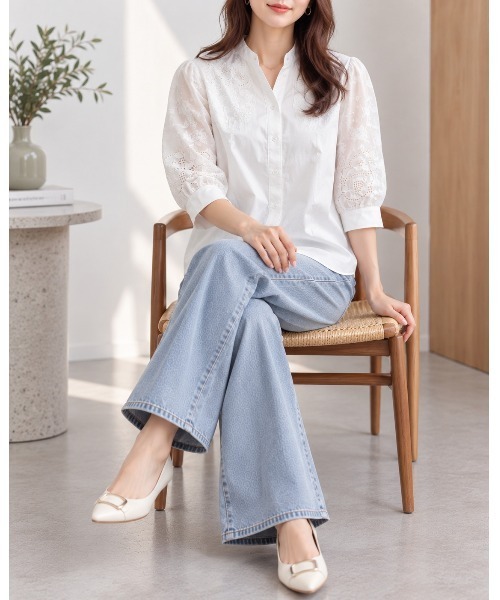FAZVY(ファズビー)の「ナチュラルに品よく 刺繍デザイン白ブラウス(シャツ/ブラウス・レディース・ホワイト・L/M/S)」の6枚目の写真
