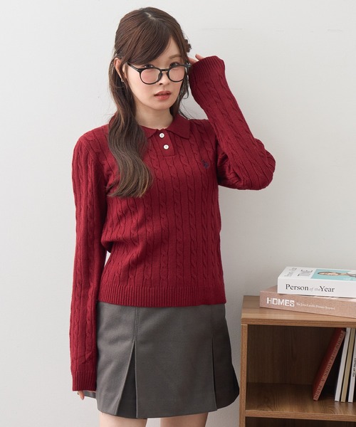 U.S. POLO ASSN.(ユーエスポロアッスン)の「【U.S. POLO ASSN./ユーエスポロアッスン】ワンポイントロゴ刺繍 ケーブルポロニット(ニット/セーター・レディース・ワイン/グリーン/ネイビー・L/M)」の3枚目の写真