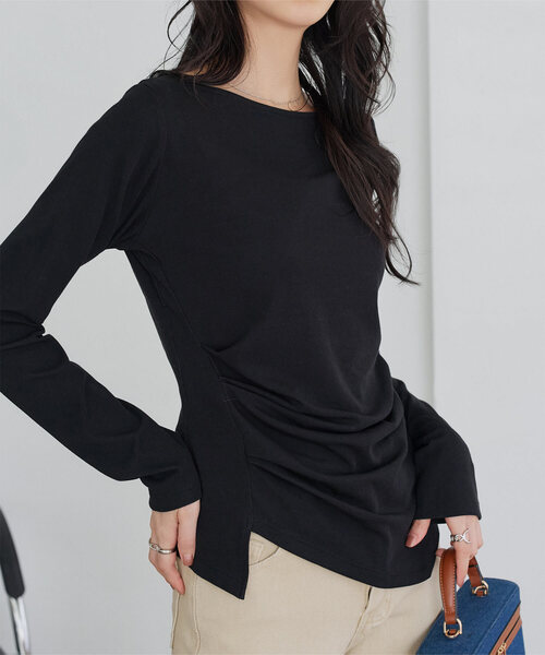 KOBE LETTUCE（コウベレタス）の「[ しっとりタッチ・UVカット ] 選べる2typeドレープトップス（Tシャツ/カットソー・レディース・チャコール/アイボリー系1/グレー系/ブラック系/アイボリー系/ブラウン系/ホワイト系/オフホワイト/ブラック/ブラウン・M/M1）」の3枚目の写真