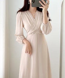 YUGA_YGMC Korean-style V-neck pleated flare dress