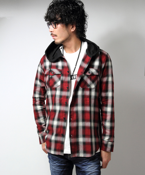 Luv maison（ラブメゾン）の「Luvフーデッドチェックシャツ（シャツ/ブラウス・メンズ・ブラック/ブルー/レッド・L/M）」の3枚目の写真