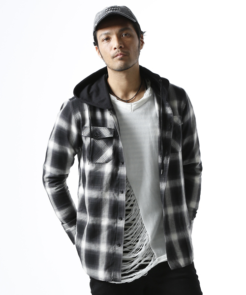 Luv maison（ラブメゾン）の「Luvフーデッドチェックシャツ（シャツ/ブラウス・メンズ・ブラック/ブルー/レッド・L/M）」の2枚目の写真