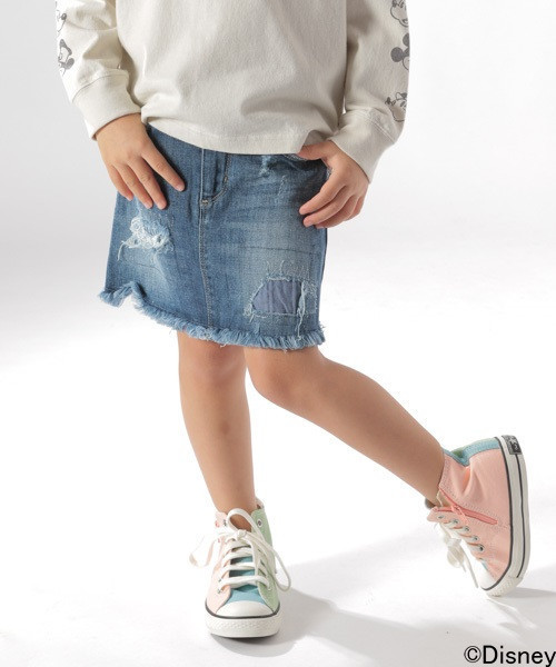 BAYFLOW（ベイフロー）の「[KIDS]デニムリペアスカート（デニムスカート・キッズ・ライトブルー/ロイヤルブルー・X-LARGE/SMALL/MEDIUM/LARGE/XX-LARGE）」の2枚目の写真