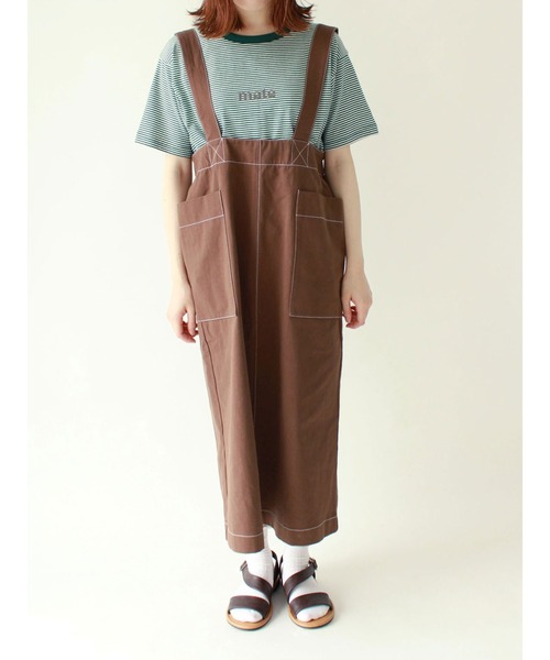 ehka sopo（エヘカソポ）の「配色ステッチジャンスカ（ジャンパースカート・レディース・ミント/ブラウン/キナリ・ﾌﾘ-）」の6枚目の写真