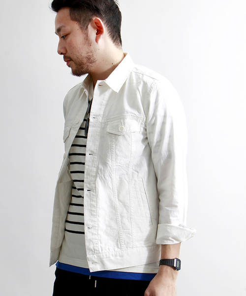 WEGO（ウィゴー）の「WEGO/フレンチリネン混Gジャン（デニムジャケット・メンズ・ホワイト/ブルー/ネイビー・MEDIUM/LARGE）」の2枚目の写真