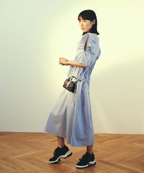 LAYMEE（レイミー）の「Stripe gather OP / ストライプギャザーワンピース（ワンピース・レディース・グリーン/ブルー/ラベンダー・FREE）」の2枚目の写真