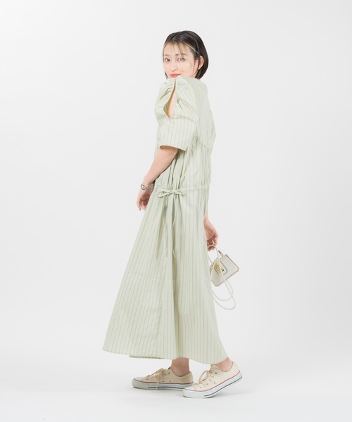 LAYMEE（レイミー）の「Stripe gather OP / ストライプギャザーワンピース（ワンピース・レディース・グリーン/ブルー/ラベンダー・FREE）」の5枚目の写真