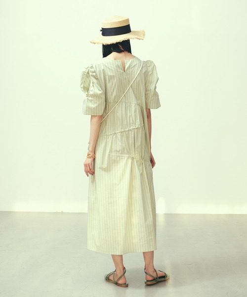 LAYMEE（レイミー）の「Stripe gather OP / ストライプギャザーワンピース（ワンピース・レディース・グリーン/ブルー/ラベンダー・FREE）」の9枚目の写真