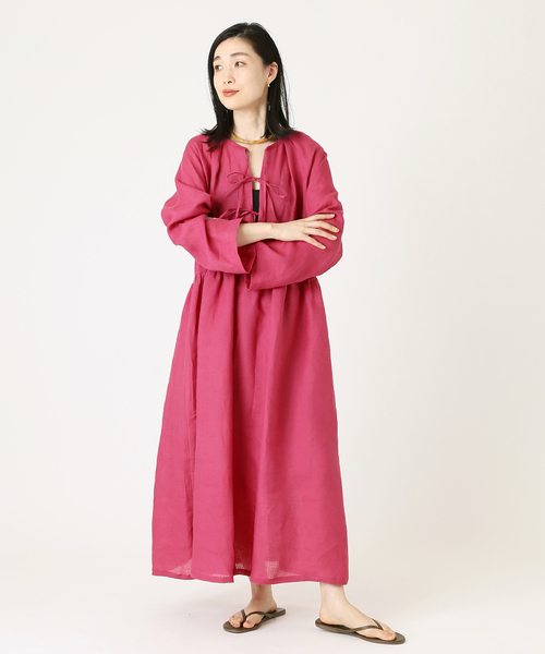 journal standard L'essage(ジャーナルスタンダードレサージュ)の「80Linenフロントリボンワンピース(ワンピース・レディース・ピンク/ブラック・FREE)」の6枚目の写真