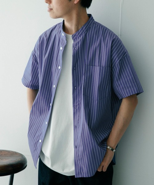 ITEMS URBANRESEARCH(アイテムズ アーバンリサーチ)の「バンドカラー ストライプ半袖シャツ(シャツ/ブラウス・メンズ・ライトブルー/ネイビー/ブルー・MEDIUM/LARGE)」の3枚目の写真