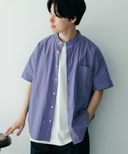 ITEMS URBANRESEARCH(アイテムズ アーバンリサーチ)の「バンドカラー ストライプ半袖シャツ(シャツ/ブラウス・メンズ・ライトブルー/ネイビー/ブルー・MEDIUM/LARGE)」の4枚目の写真