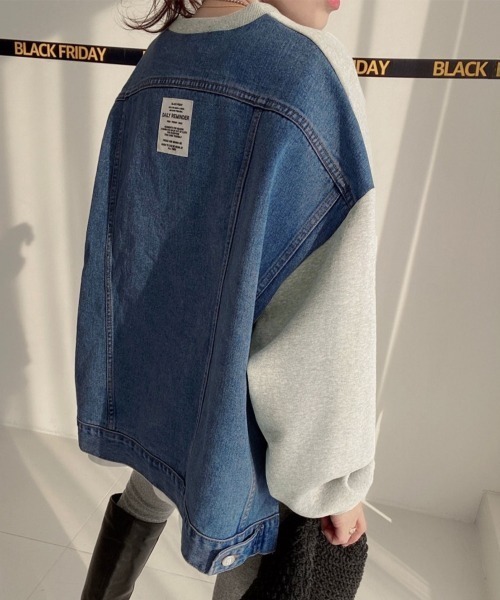 PRIVATE  BEACH（プライベートビーチ）の「デニム切替オーバーサイズ裏起毛スウェットトレーナー（スウェット・レディース・ブラック/ベージュ/グレー・FREE）」の7枚目の写真
