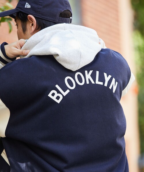 FREAK'S STORE(フリークスストア)の「WEB限定 ビッグシルエット バック刺繍 ソリッドデザイン スタジャン/BLOOKLYN/フェイクレザー切り替えブルゾン(スタジャン・メンズ・ネイビー/ブラック・SMALL/MEDIUM/LARGE)」の17枚目の写真