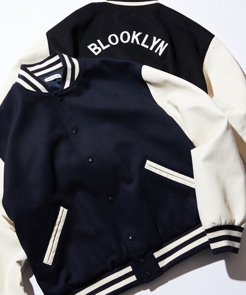 FREAK'S STORE(フリークスストア)の「WEB限定 ビッグシルエット バック刺繍 ソリッドデザイン スタジャン/BLOOKLYN/フェイクレザー切り替えブルゾン(スタジャン・メンズ・ネイビー/ブラック・SMALL/MEDIUM/LARGE)」の19枚目の写真