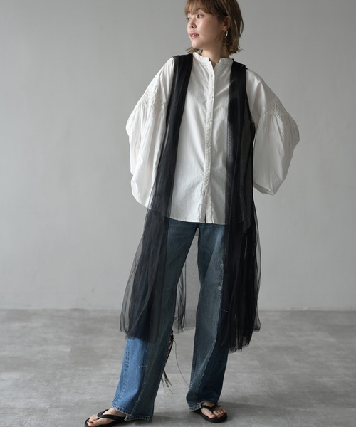 HERENCIA（ヘレンチア）の「チュール ショルダータック ミドル丈 ベストジレ（ベスト・レディース・ブラック・MEDIUM）」の2枚目の写真