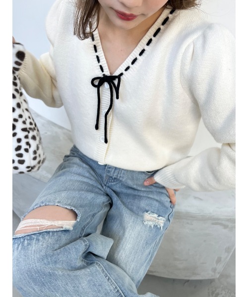 JUMELLE(ジュメロ)の「リボンソーイングニット(カーディガン/ボレロ・レディース・アイボリー・FREE)」の3枚目の写真