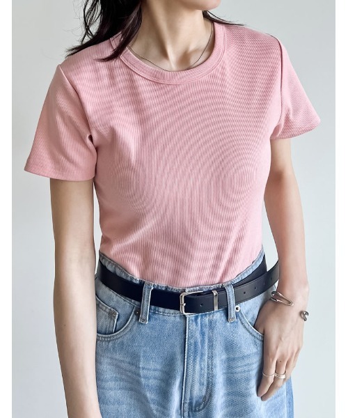 Re:EDIT（リエディ）の「[累計販売枚数2.1万枚突破][華奢見えリブTシャツ]テレコリブクルーネック半袖Tシャツ（Tシャツ/カットソー・レディース・ホワイト/ホワイト×ブラック/ネイビー/モカ/カーキ/チャコールグレー/ブラック/ピンク/ブラウン/ブルー・LARGE/SMALL/MEDIUM/X-LARGE）」の10枚目の写真