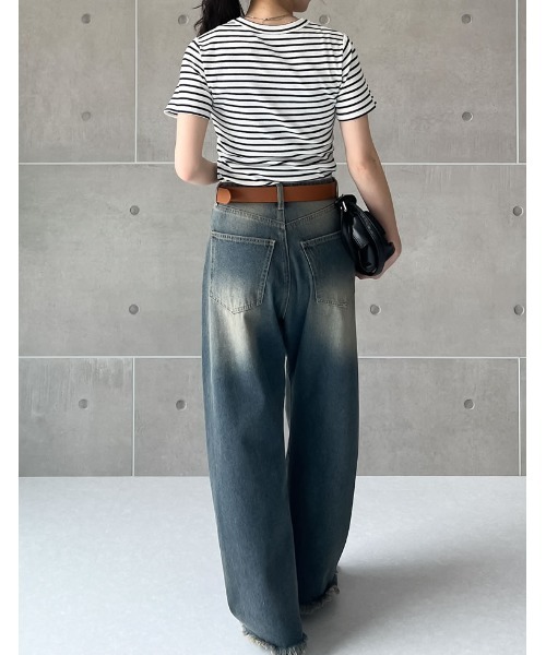 Re:EDIT（リエディ）の「[累計販売枚数2.1万枚突破][華奢見えリブTシャツ]テレコリブクルーネック半袖Tシャツ（Tシャツ/カットソー・レディース・ホワイト/ホワイト×ブラック/ネイビー/モカ/カーキ/チャコールグレー/ブラック/ピンク/ブラウン/ブルー・LARGE/SMALL/MEDIUM/X-LARGE）」の13枚目の写真