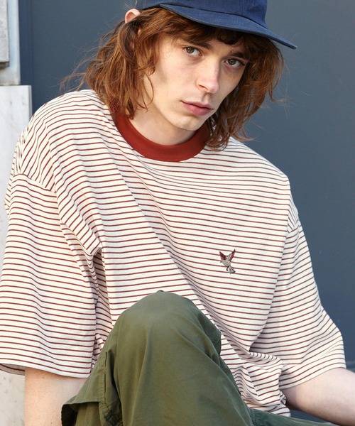 EMMA CLOTHES(エマクローズ)の「オーバーサイズ ワンポイント刺繍 ボーダーショートスリーブ Tシャツ EMMA CLOTHES 2023SS(Tシャツ/カットソー・メンズ・ブラック/グリーン/ネイビー/オレンジ・L/M)」の8枚目の写真
