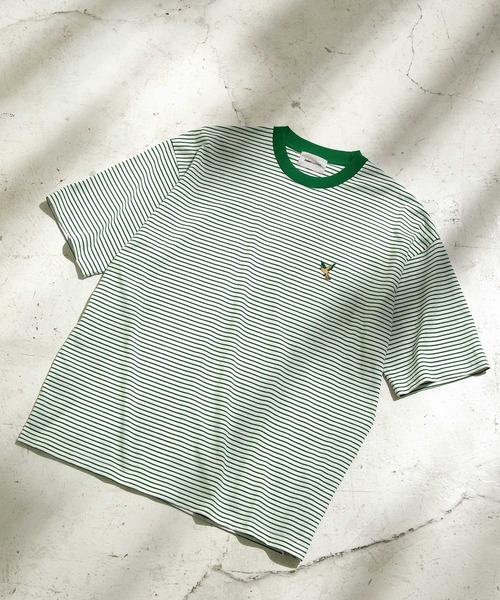 EMMA CLOTHES(エマクローズ)の「オーバーサイズ ワンポイント刺繍 ボーダーショートスリーブ Tシャツ EMMA CLOTHES 2023SS(Tシャツ/カットソー・メンズ・ブラック/グリーン/ネイビー/オレンジ・L/M)」の9枚目の写真