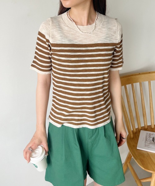 CLEA（クレア）の「シアーボーダー半袖トップス（Tシャツ/カットソー・レディース・ピンク/レッド/ブラウン/ブラック/グレー・FREE）」の3枚目の写真