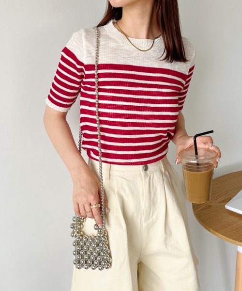 CLEA（クレア）の「シアーボーダー半袖トップス（Tシャツ/カットソー・レディース・ピンク/レッド/ブラウン/ブラック/グレー・FREE）」の5枚目の写真