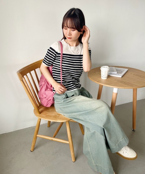 CLEA（クレア）の「シアーボーダー半袖トップス（Tシャツ/カットソー・レディース・ピンク/レッド/ブラウン/ブラック/グレー・FREE）」の10枚目の写真