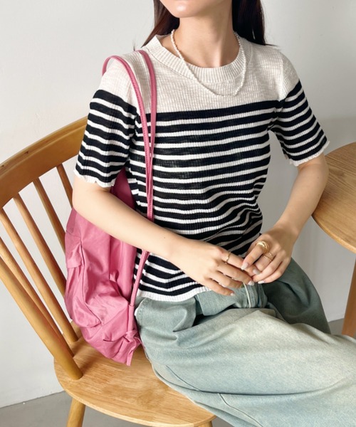 CLEA（クレア）の「シアーボーダー半袖トップス（Tシャツ/カットソー・レディース・ピンク/レッド/ブラウン/ブラック/グレー・FREE）」の9枚目の写真