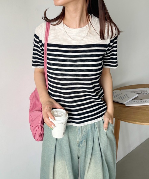 CLEA（クレア）の「シアーボーダー半袖トップス（Tシャツ/カットソー・レディース・ピンク/レッド/ブラウン/ブラック/グレー・FREE）」の6枚目の写真