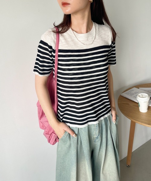 CLEA（クレア）の「シアーボーダー半袖トップス（Tシャツ/カットソー・レディース・ピンク/レッド/ブラウン/ブラック/グレー・FREE）」の7枚目の写真